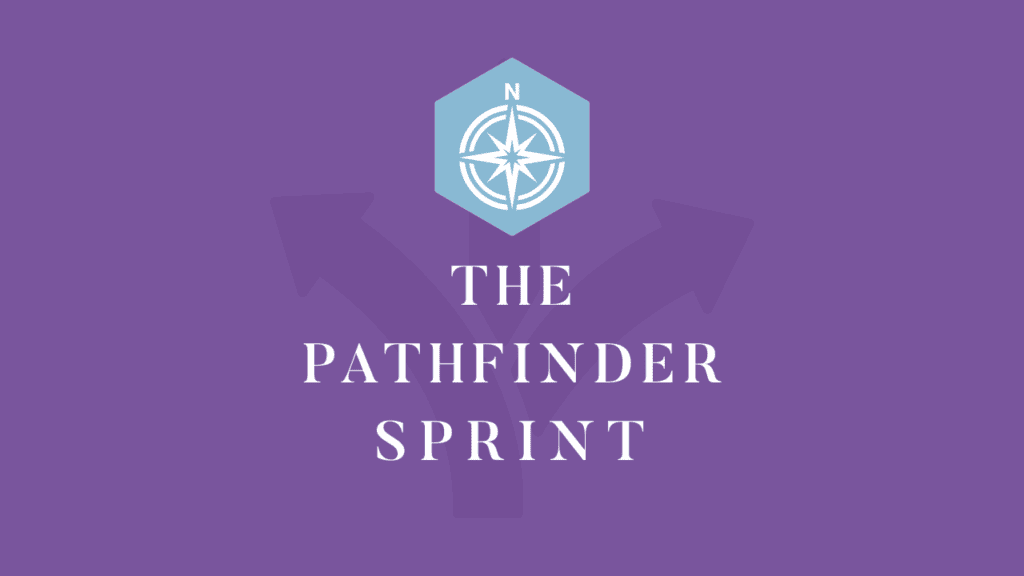 purple background, light blue hex with a compass icon, text overlay "The Pathfinder Sprint"